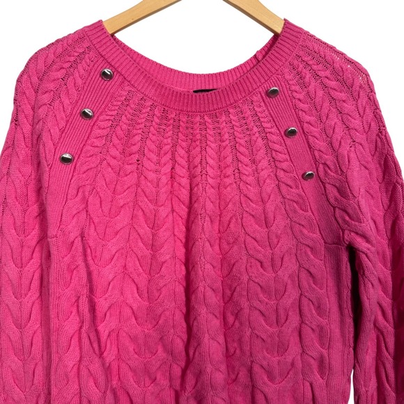 Talbots Womens Cable Knit Sweater Medium Pink‎ Crew Neck Embellished Relaxed - Picture 2 of 8